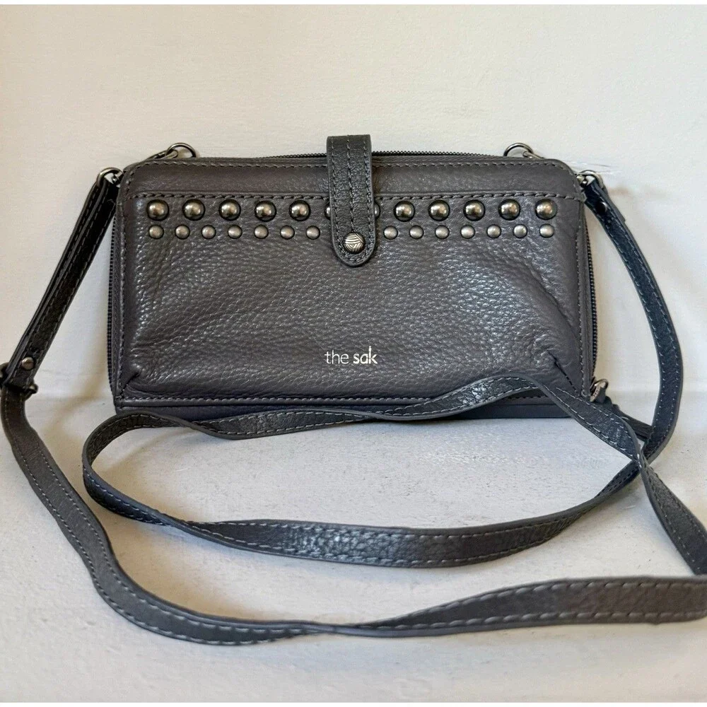 The Sak Iris Large Smartphone Crossbody Wristlet Gray Leather Studded
